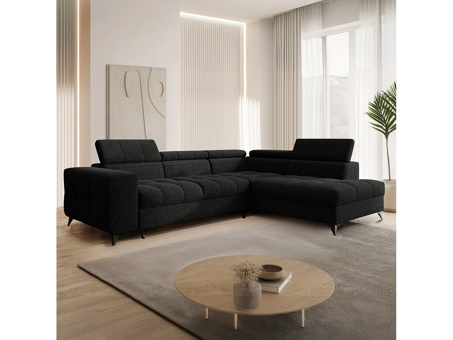 Canapé d'angle droit convertible Gaspard Bouclette Noir