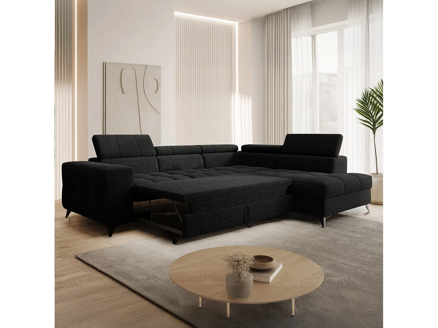 Canapé d'angle droit convertible Gaspard Bouclette Noir