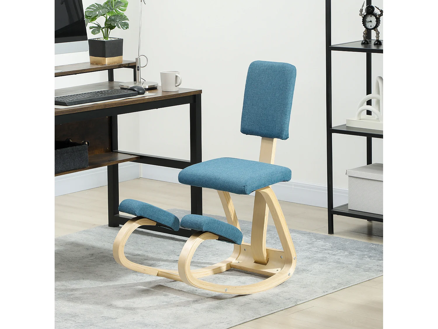Siège ergonomique - siège assis-genoux - chaise assis genoux avec dossier - bois bouleau tissu bleu