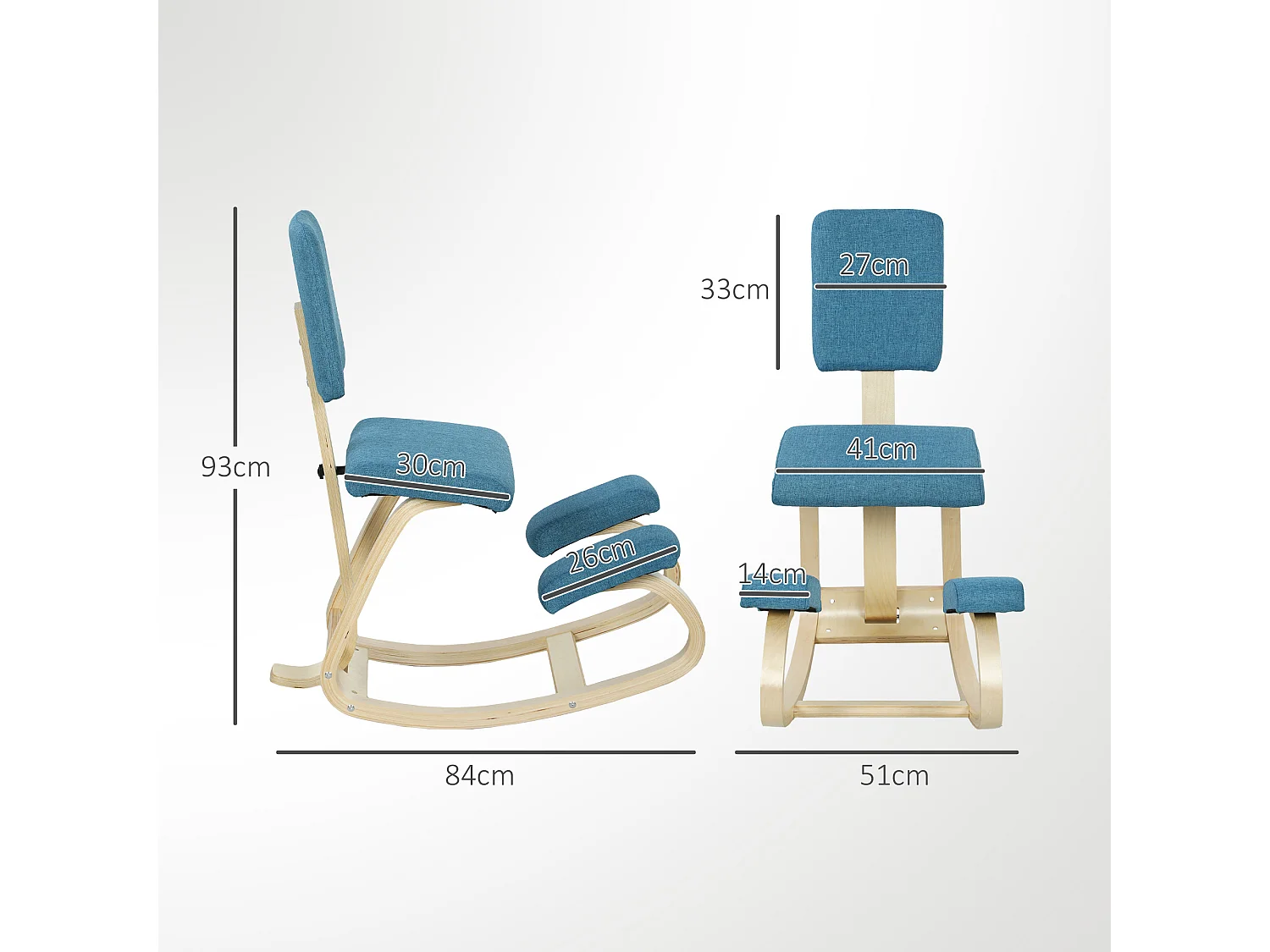 Siège ergonomique - siège assis-genoux - chaise assis genoux avec dossier - bois bouleau tissu bleu