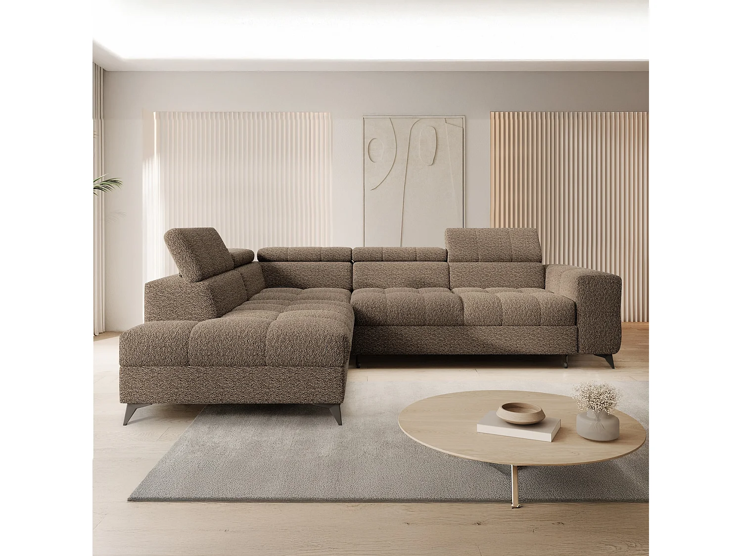 Canapé d'angle gauche convertible Gaspard Bouclette Taupe