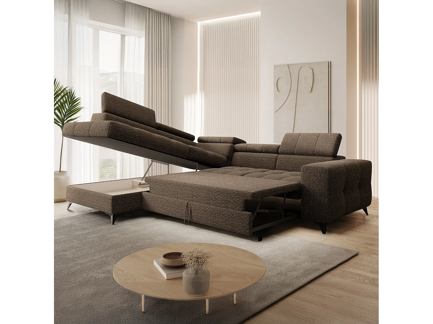 Canapé d'angle gauche convertible Gaspard Bouclette Taupe