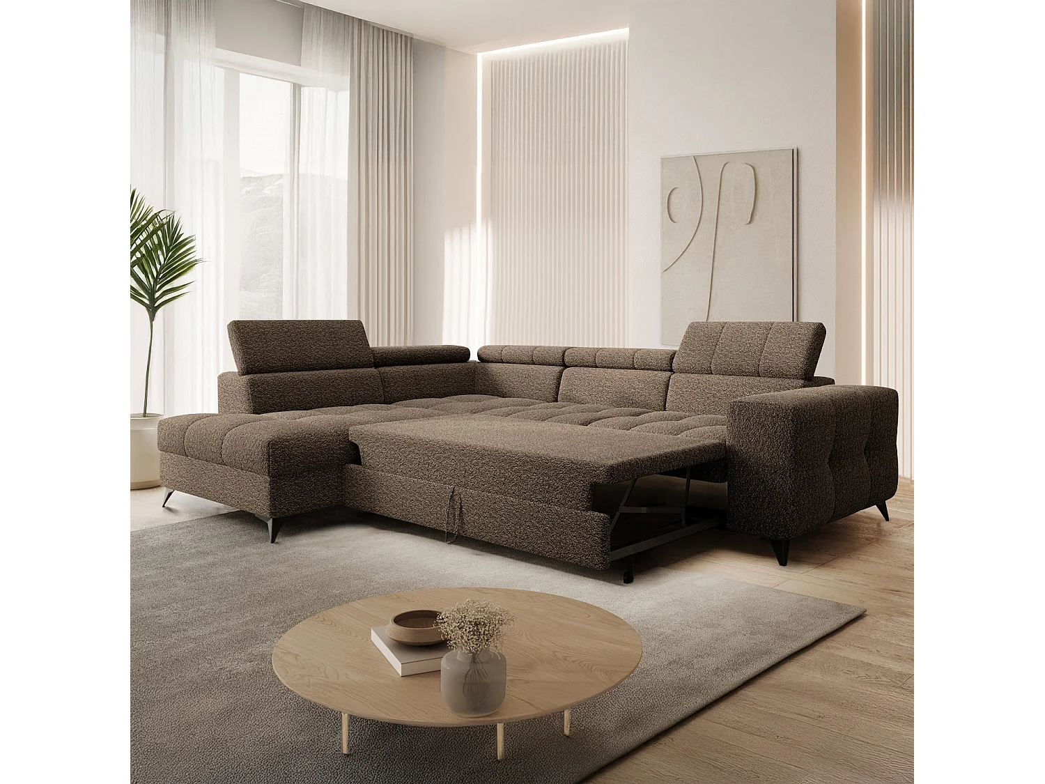 Canapé d'angle gauche convertible Gaspard Bouclette Taupe