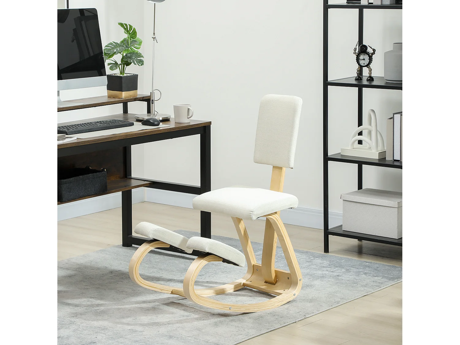 Siège ergonomique - siège assis-genoux - chaise assis genoux avec dossier - bois bouleau tissu blanc cassé