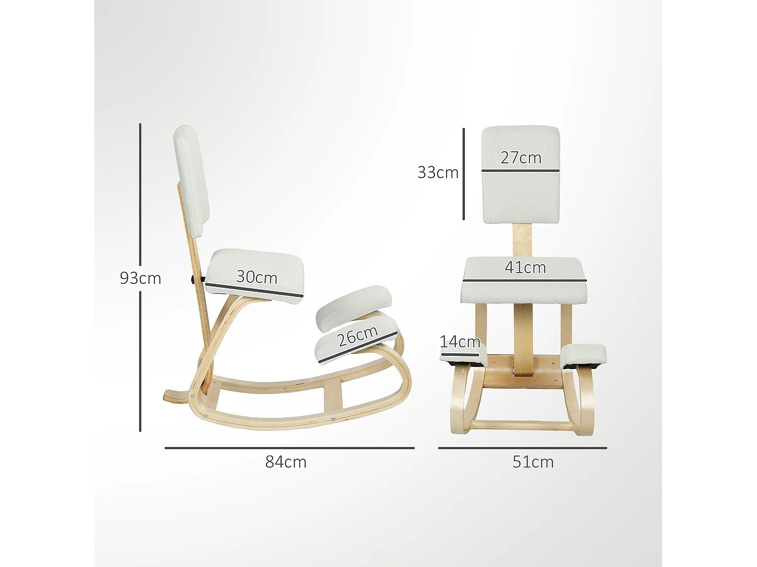 Siège ergonomique - siège assis-genoux - chaise assis genoux avec dossier - bois bouleau tissu blanc cassé