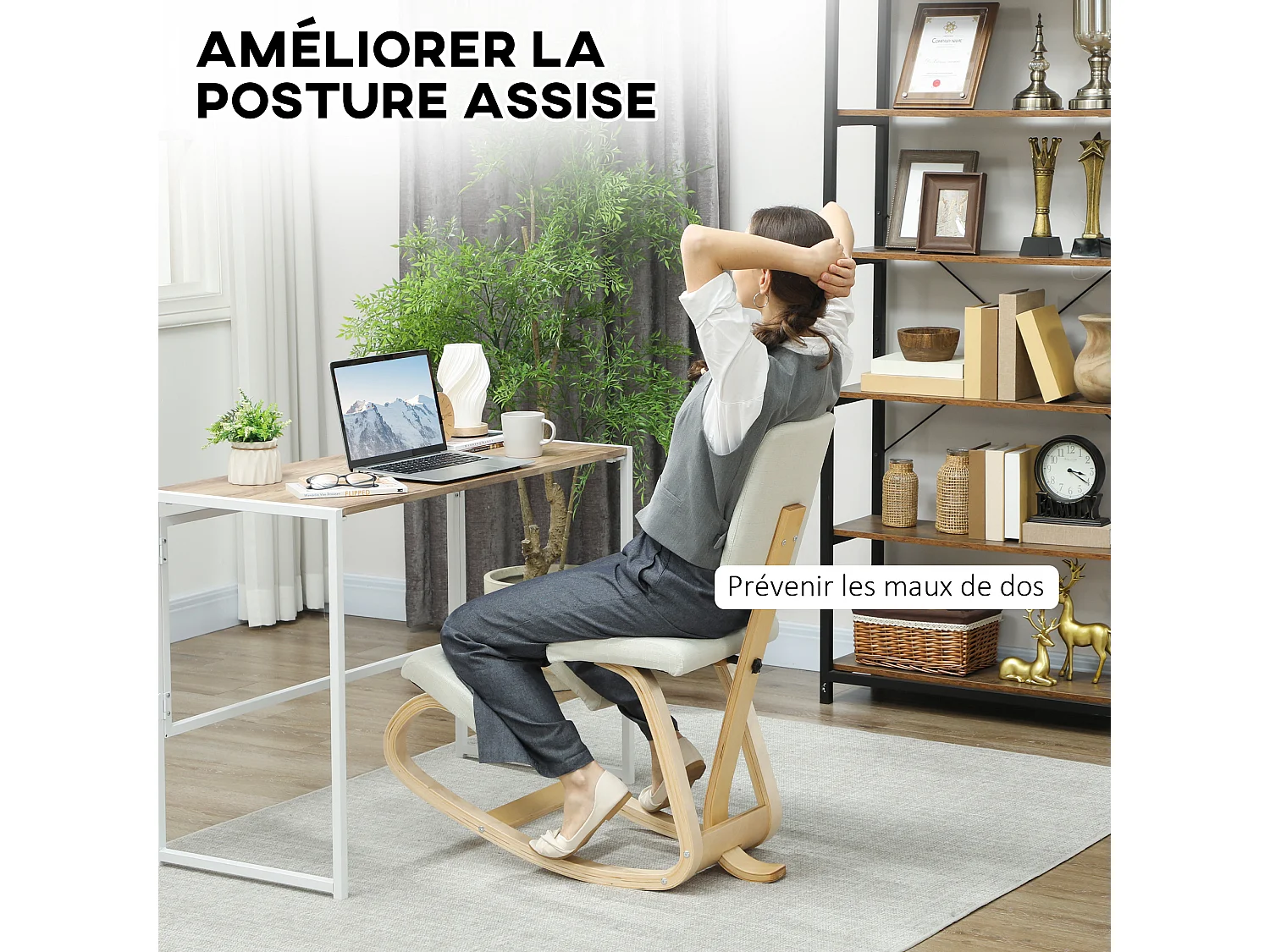 Siège ergonomique - siège assis-genoux - chaise assis genoux avec dossier - bois bouleau tissu blanc cassé