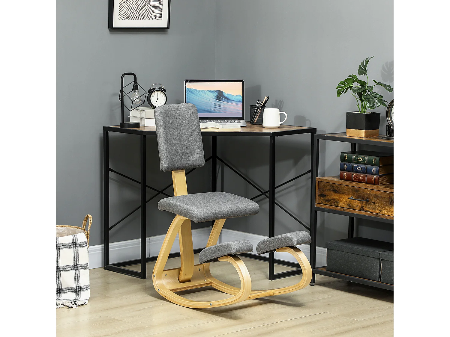Siège ergonomique - siège assis-genoux - chaise assis genoux avec dossier - bois bouleau tissu gris