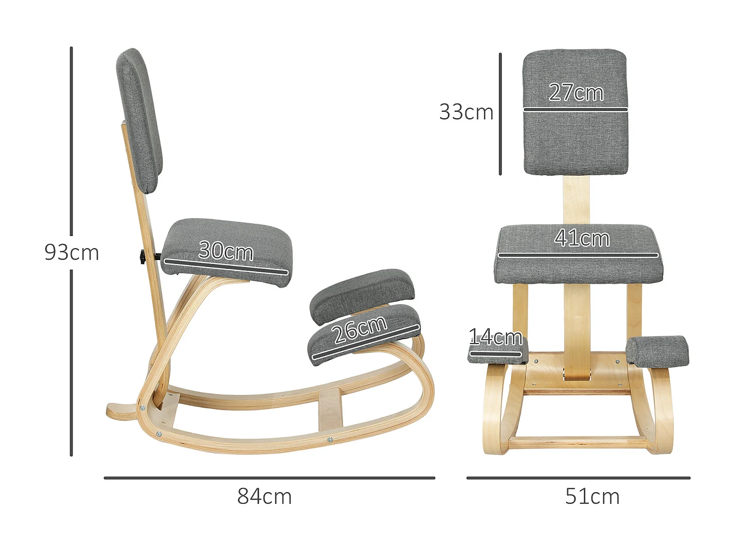 Siège ergonomique - siège assis-genoux - chaise assis genoux avec dossier - bois bouleau tissu gris