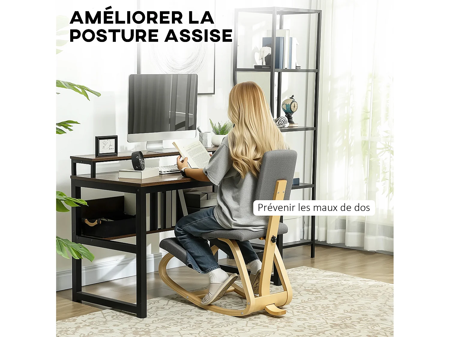 Siège ergonomique - siège assis-genoux - chaise assis genoux avec dossier - bois bouleau tissu gris