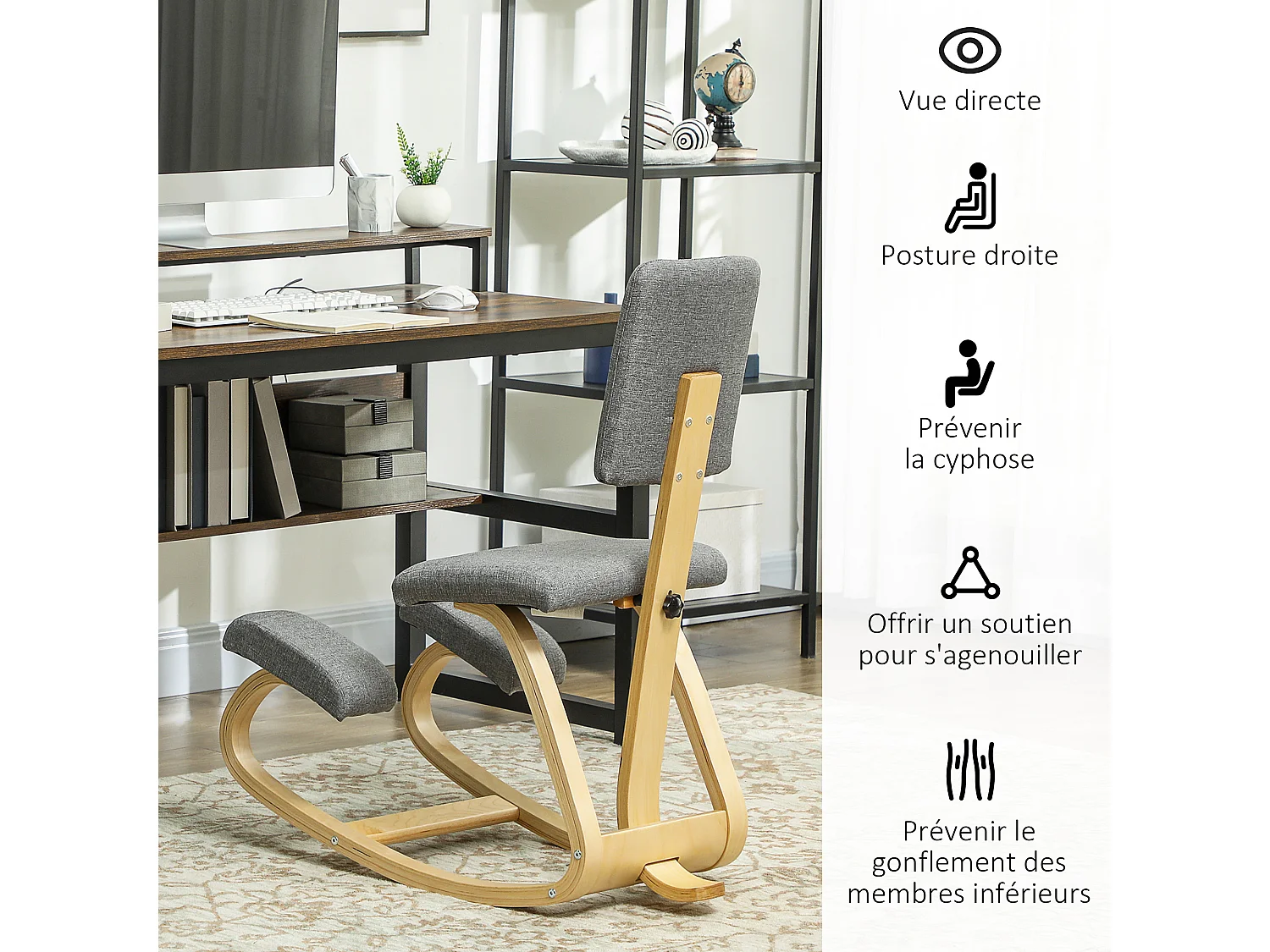 Siège ergonomique - siège assis-genoux - chaise assis genoux avec dossier - bois bouleau tissu gris