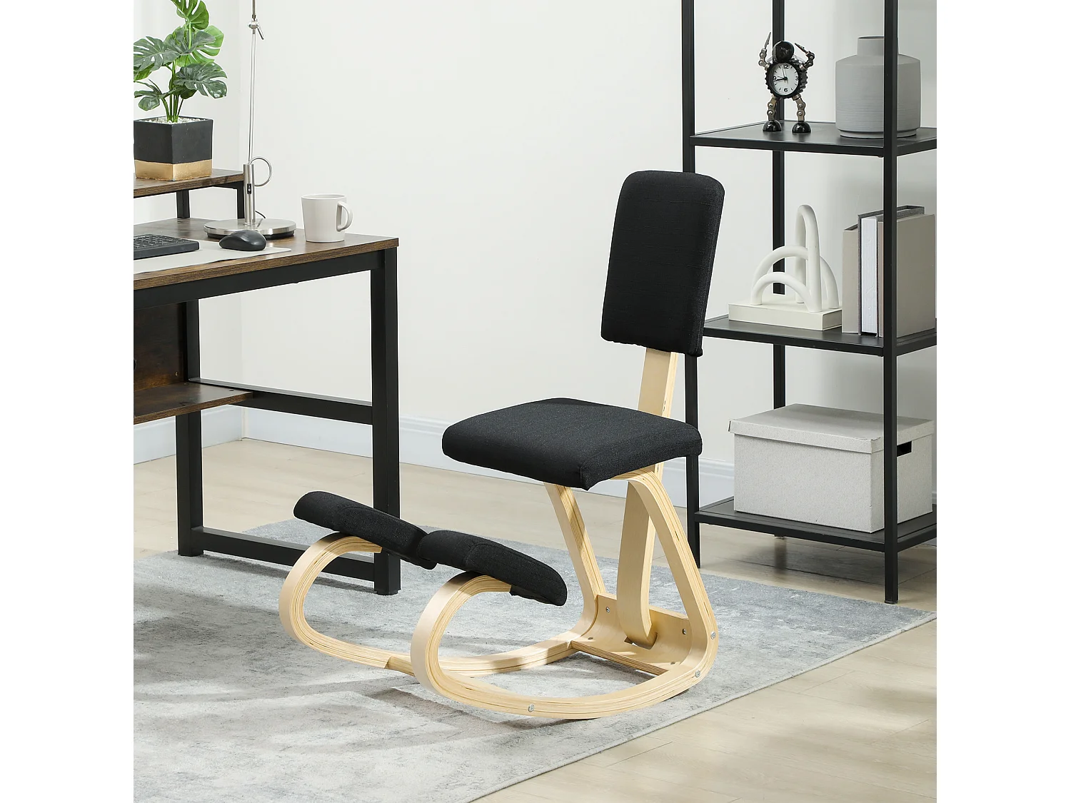 Siège ergonomique - siège assis-genoux - chaise assis genoux avec dossier - bois bouleau tissu noir