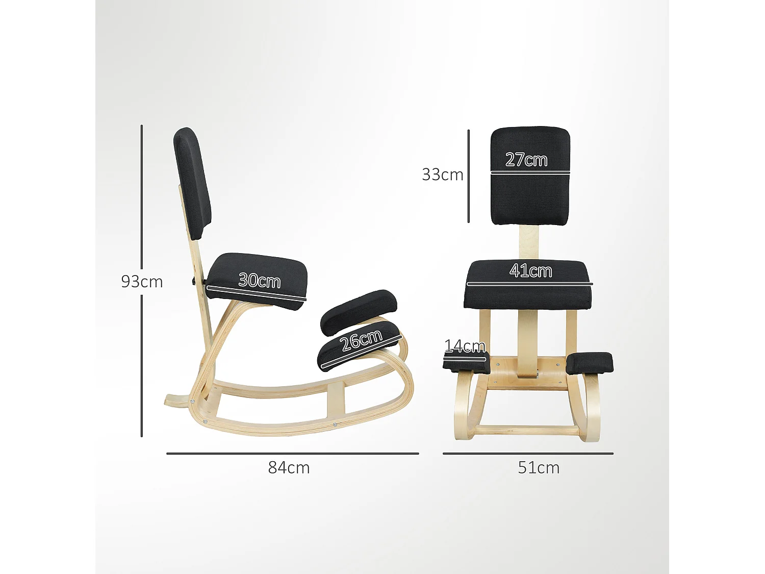 Siège ergonomique - siège assis-genoux - chaise assis genoux avec dossier - bois bouleau tissu noir