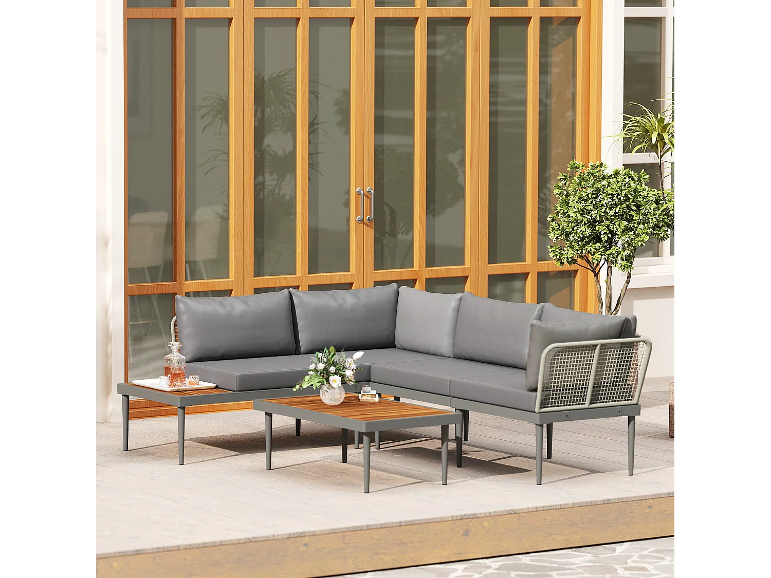 Salon de jardin design modulable 4 places 3 pièces acier coussins gris étagère plateau bois acacia