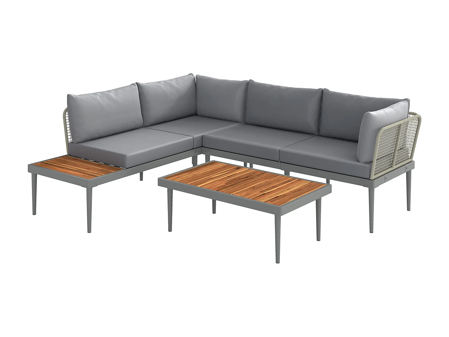 Salon de jardin design modulable 4 places 3 pièces acier coussins gris étagère plateau bois acacia