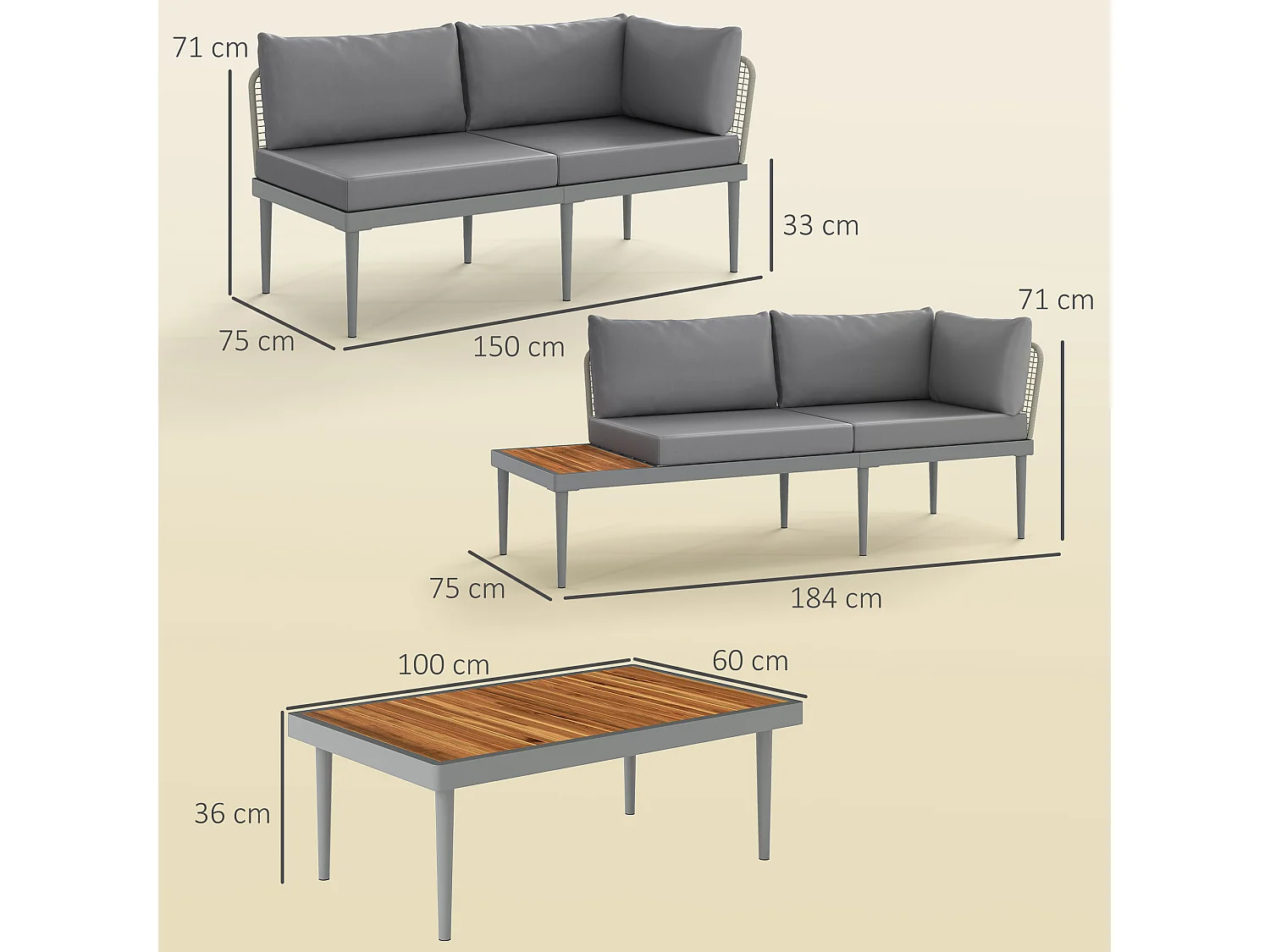 Salon de jardin design modulable 4 places 3 pièces acier coussins gris étagère plateau bois acacia