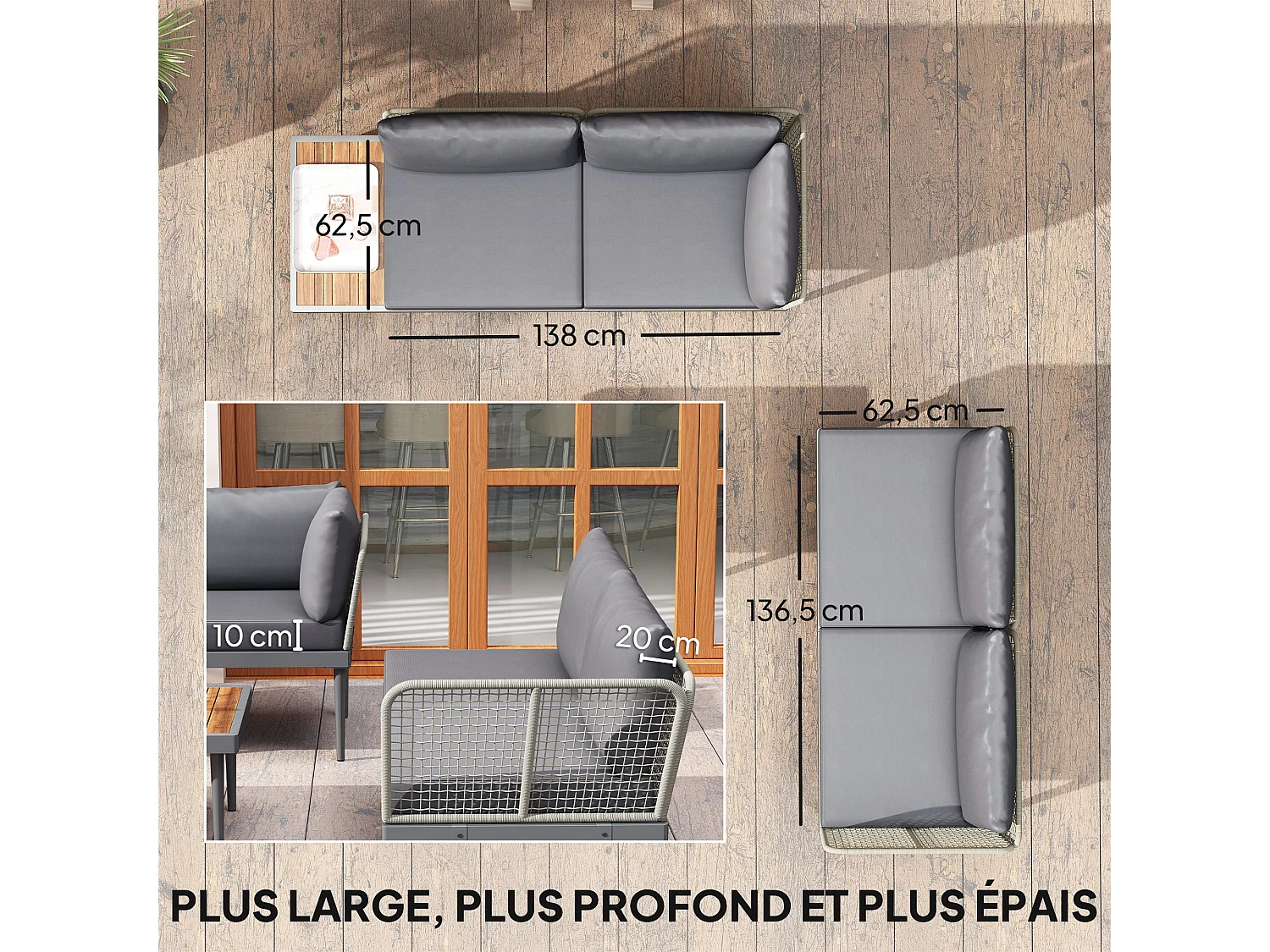 Salon de jardin design modulable 4 places 3 pièces acier coussins gris étagère plateau bois acacia