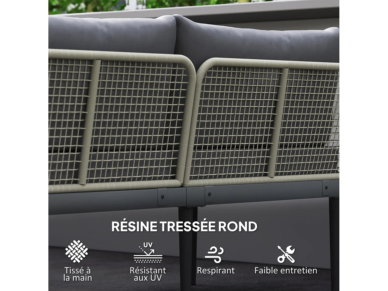 Salon de jardin design modulable 4 places 3 pièces acier coussins gris étagère plateau bois acacia