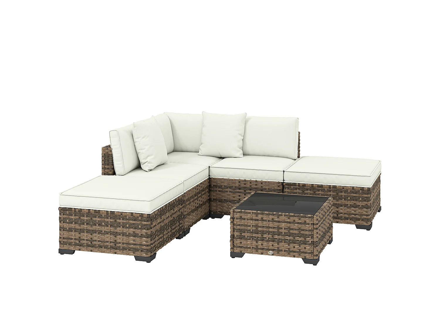 Salon de jardin d'angle 5 places avec table basse et coussins résine marron crème
