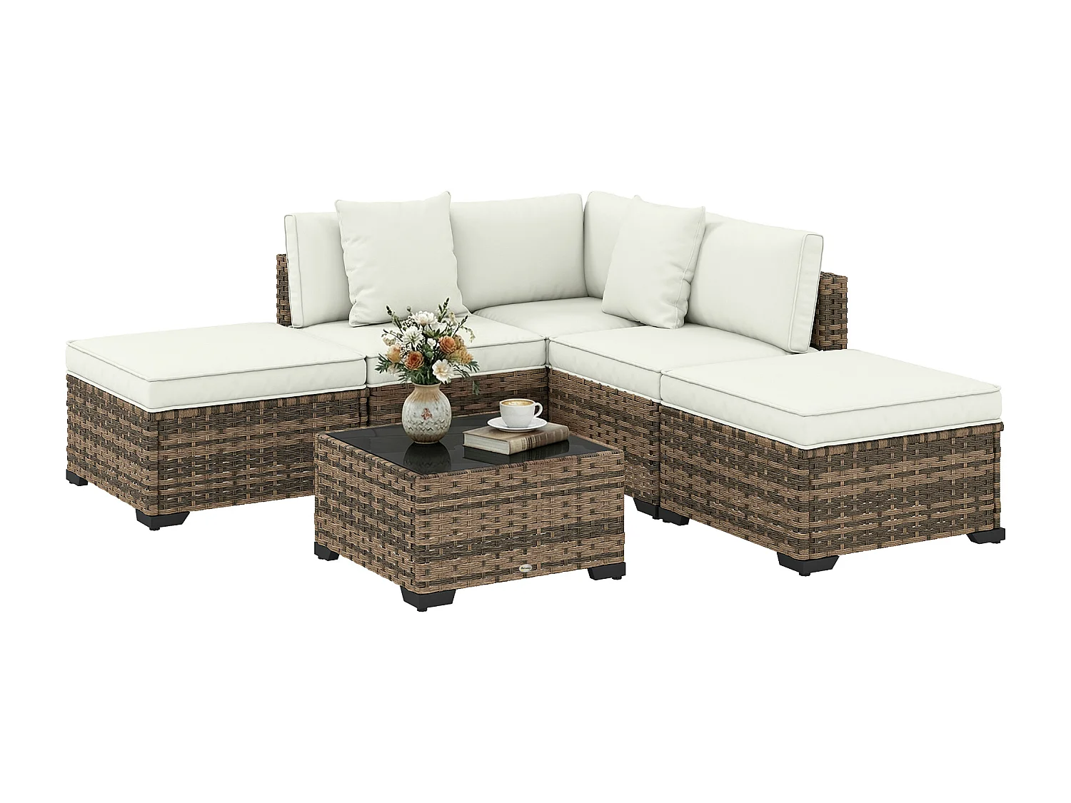 Salon de jardin d'angle 5 places avec table basse et coussins résine marron crème