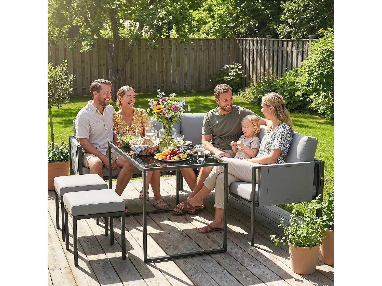 Salon de jardin d'angle design 7 places avec table à manger 2 repose-pieds