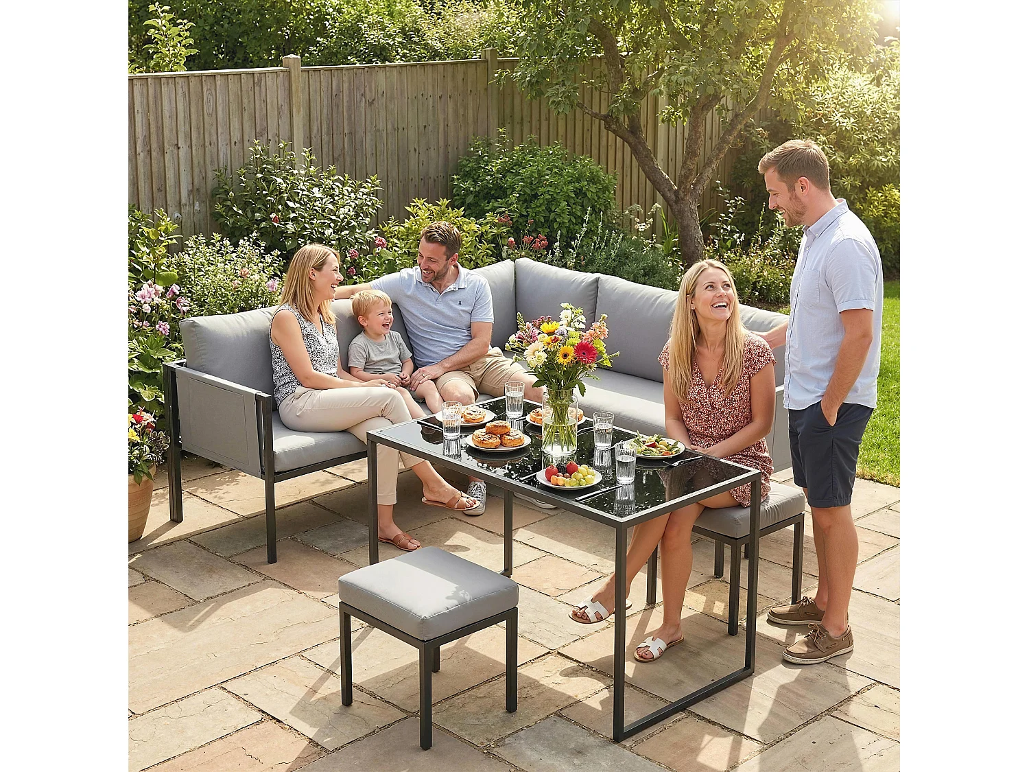 Salon de jardin d'angle design 7 places avec table à manger 2 repose-pieds