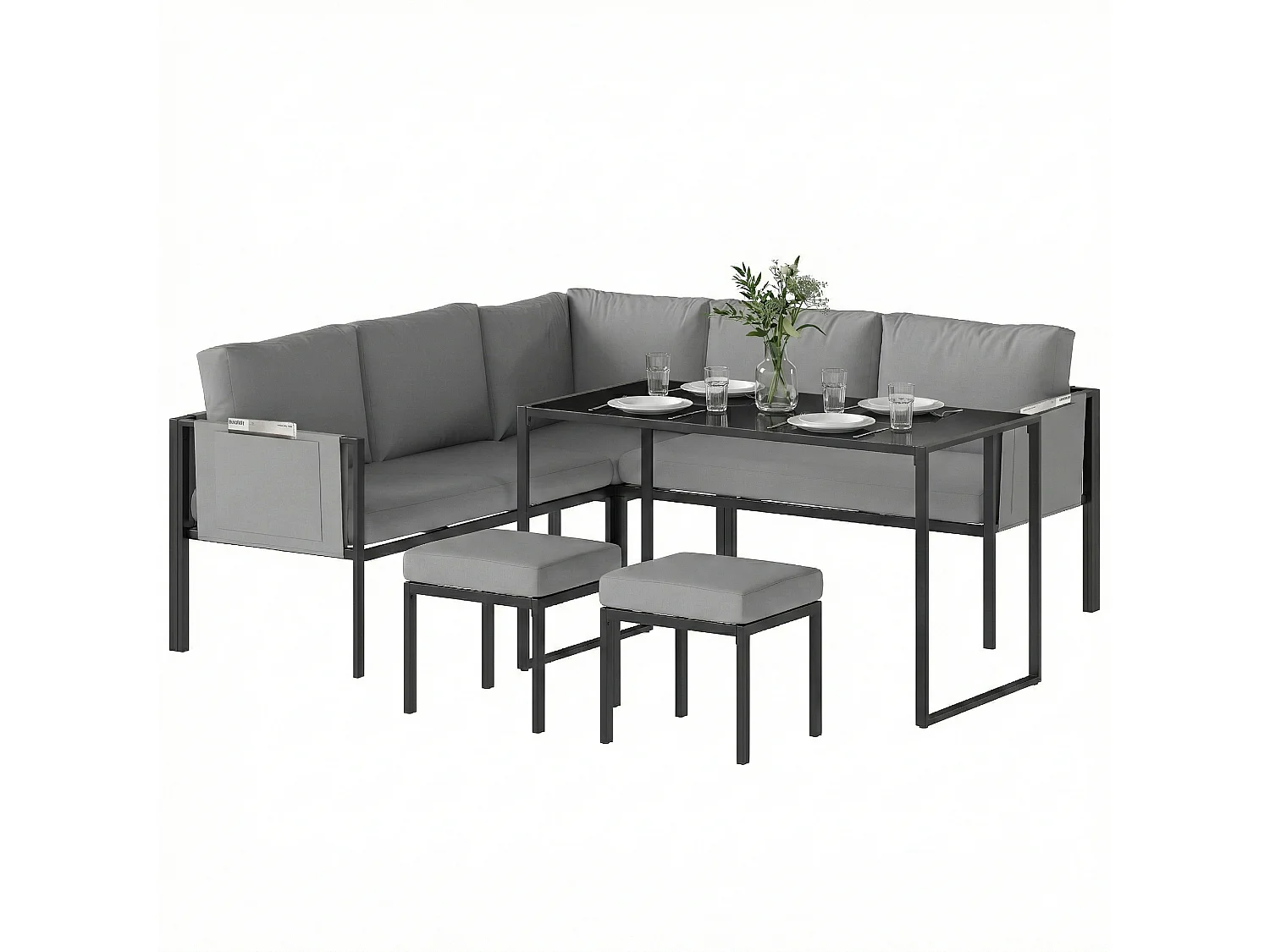 Salon de jardin d'angle design 7 places avec table à manger 2 repose-pieds