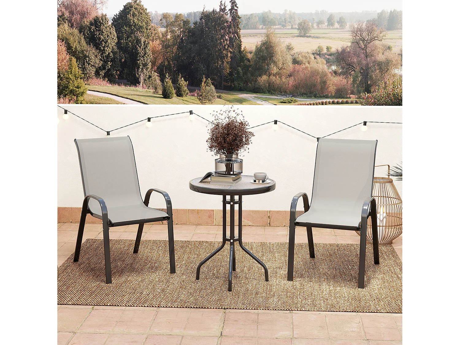 Ensemble bistro de jardin 3 pièces - 2 chaises, table ronde plateau verre - acier textilène gris clair