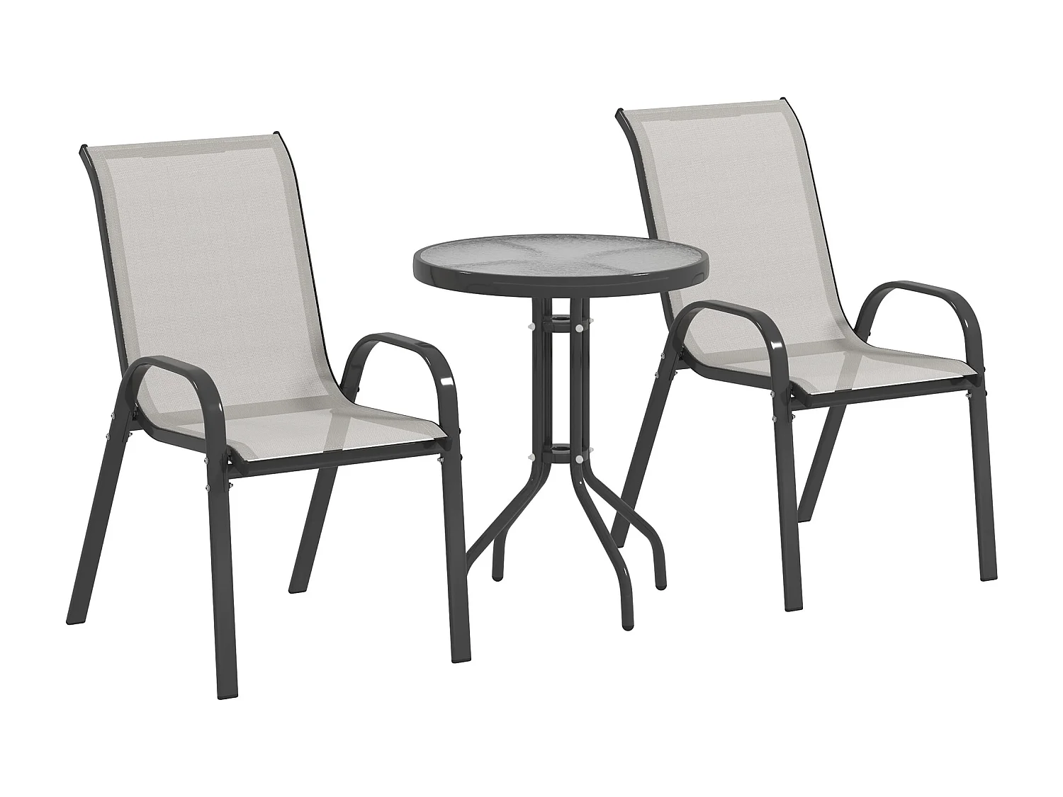 Ensemble bistro de jardin 3 pièces - 2 chaises, table ronde plateau verre - acier textilène gris clair
