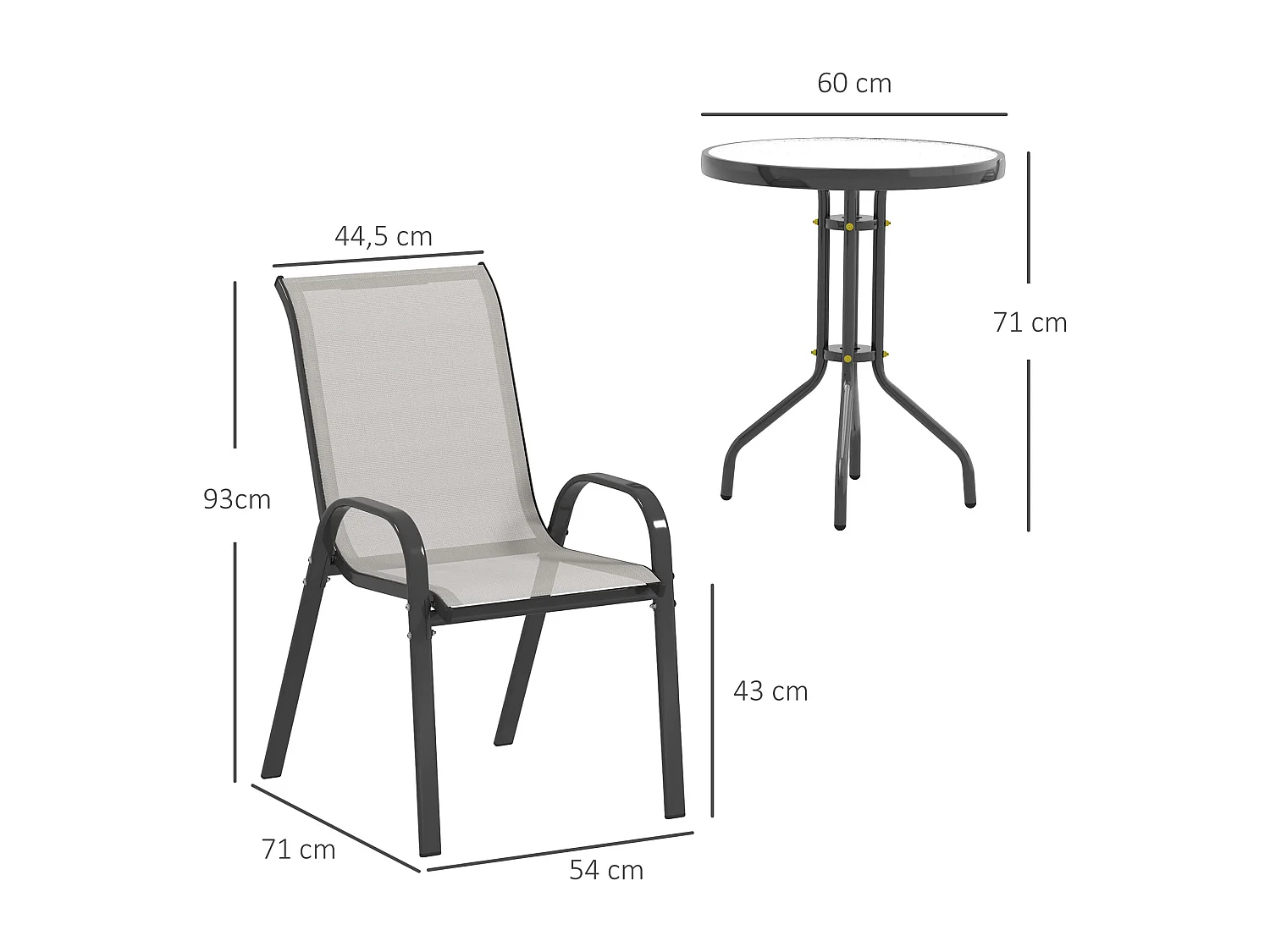 Ensemble bistro de jardin 3 pièces - 2 chaises, table ronde plateau verre - acier textilène gris clair
