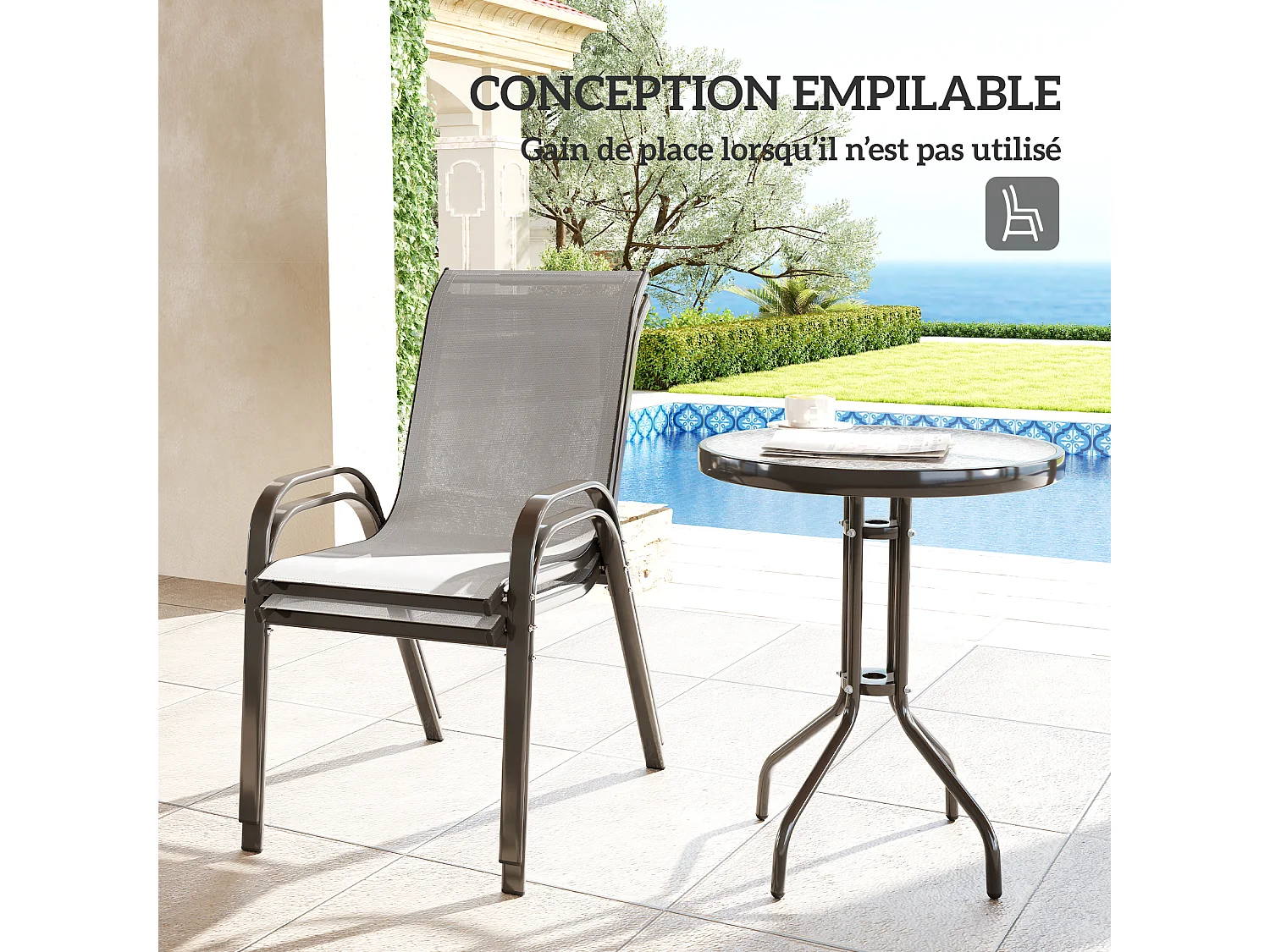 Ensemble bistro de jardin 3 pièces - 2 chaises, table ronde plateau verre - acier textilène gris clair