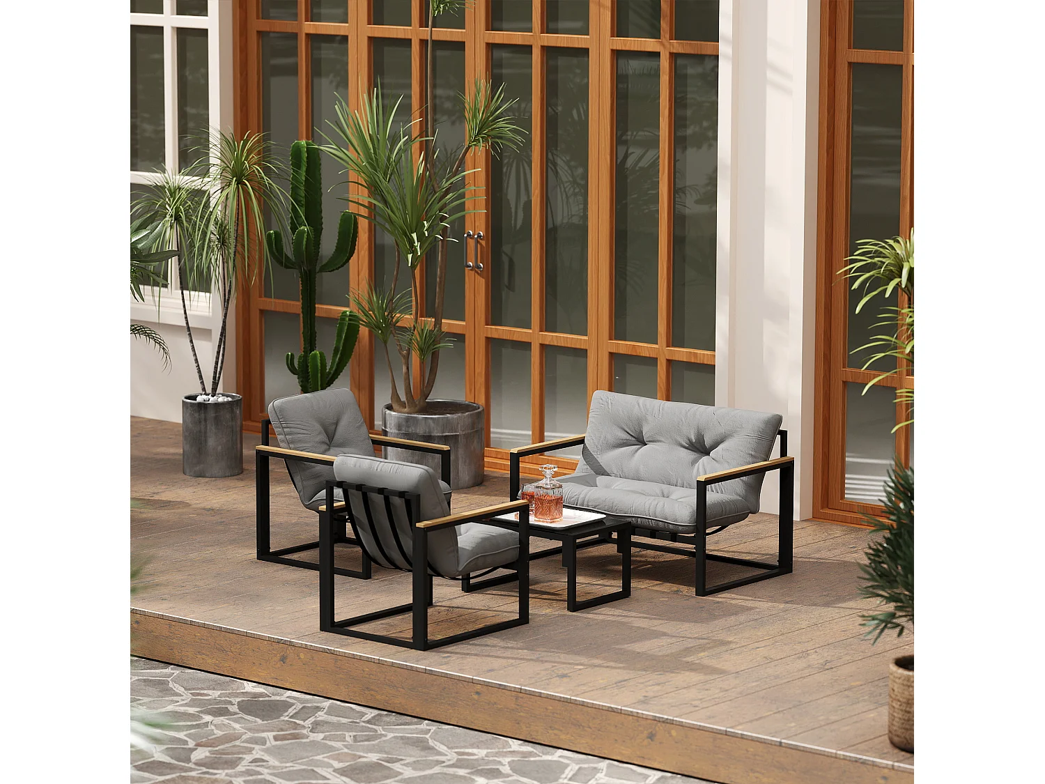 Ensemble salon de jardin 4 places 4 pièces coussins gris acier époxy noir plastique effet bois
