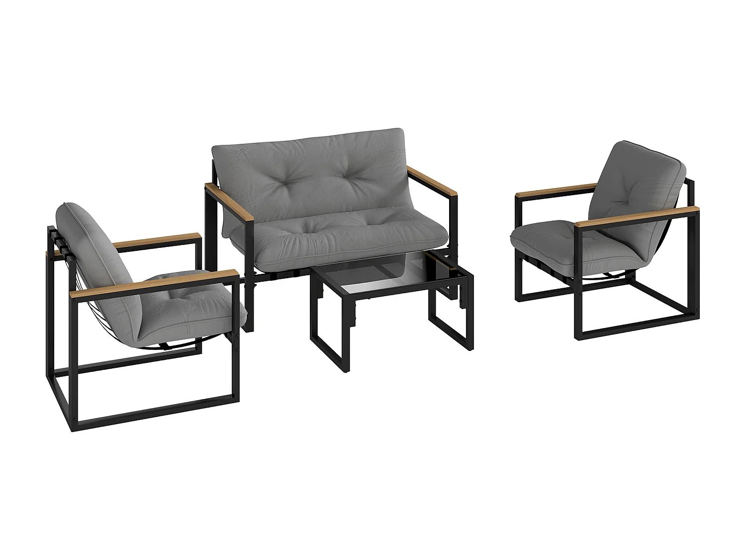 Ensemble salon de jardin 4 places 4 pièces coussins gris acier époxy noir plastique effet bois
