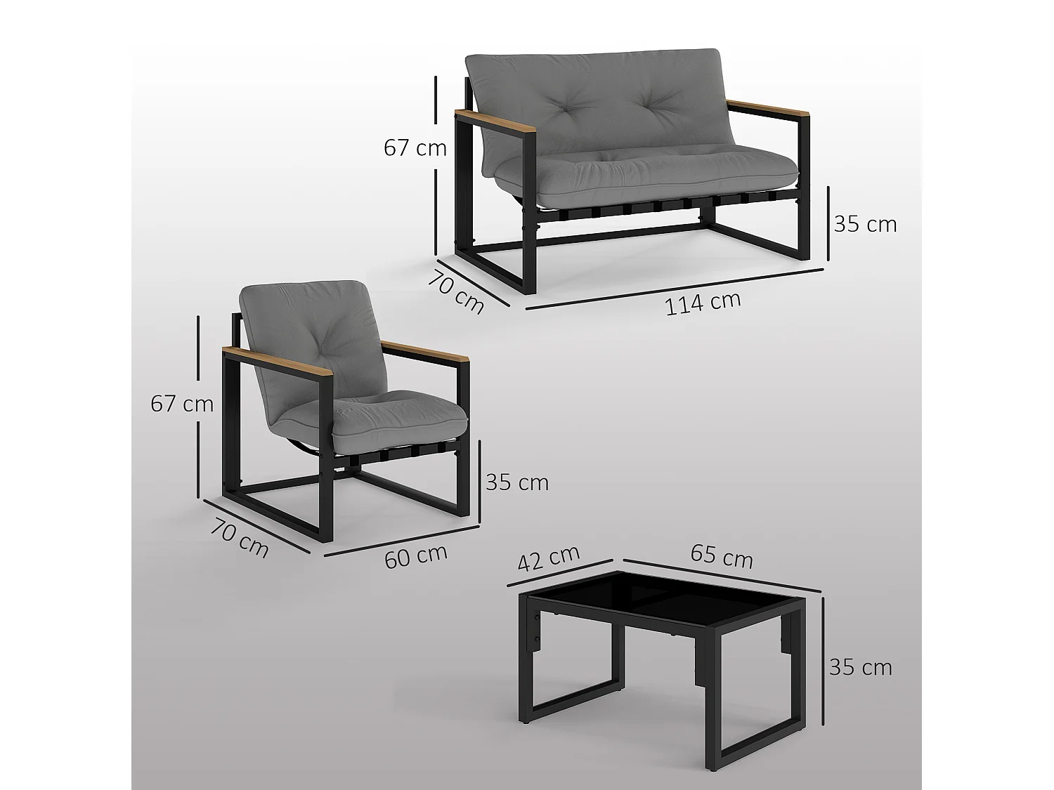 Ensemble salon de jardin 4 places 4 pièces coussins gris acier époxy noir plastique effet bois