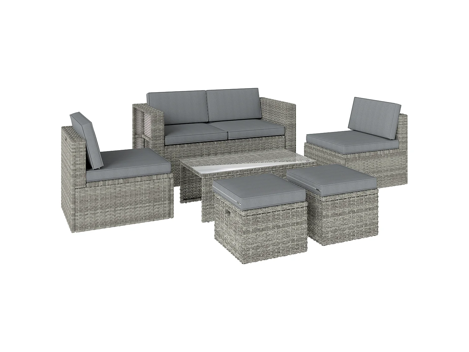 Salon de Jardin 6 personnes 6 pièces encastrable résine coussins déhoussables gris