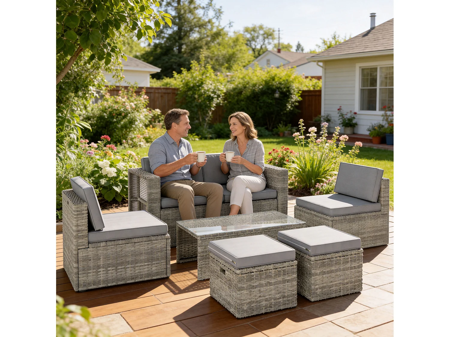 Salon de Jardin 6 personnes 6 pièces encastrable résine coussins déhoussables gris