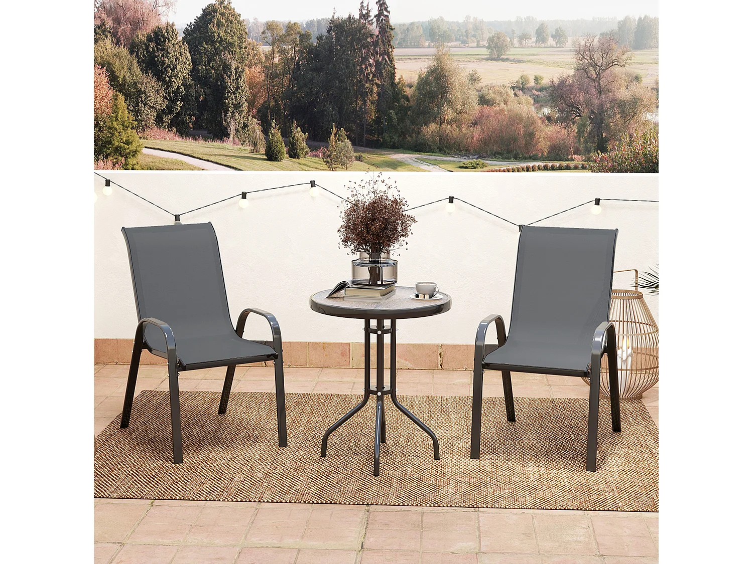 Ensemble bistro de jardin 3 pièces - 2 chaises, table ronde plateau verre - acier textilène anthracite