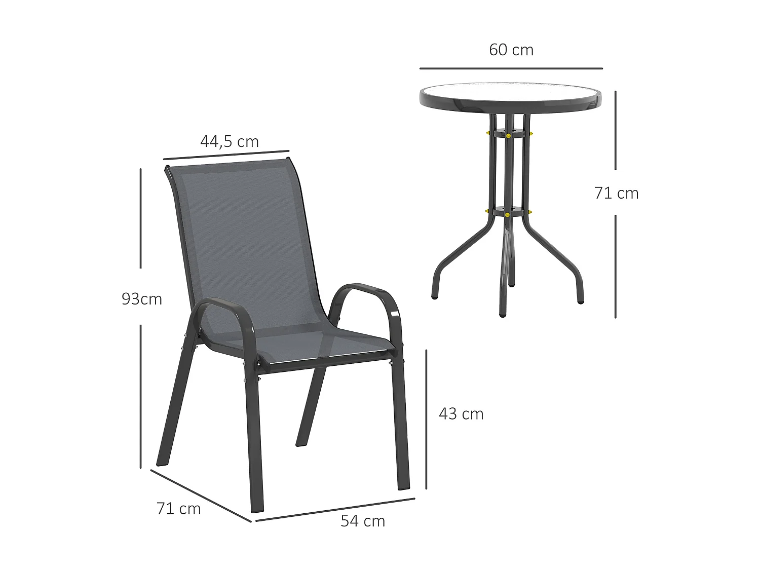 Ensemble bistro de jardin 3 pièces - 2 chaises, table ronde plateau verre - acier textilène anthracite