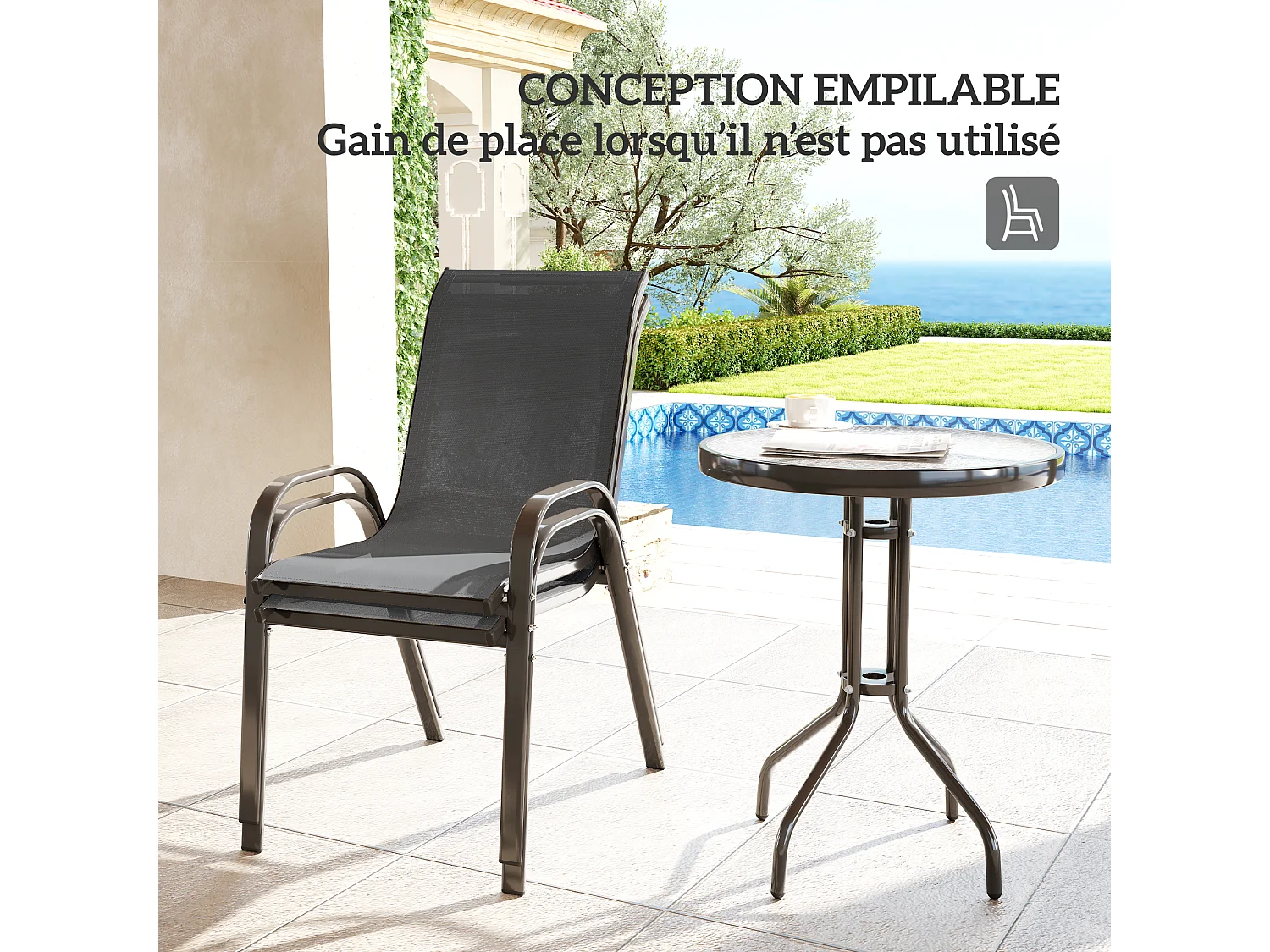 Ensemble bistro de jardin 3 pièces - 2 chaises, table ronde plateau verre - acier textilène anthracite