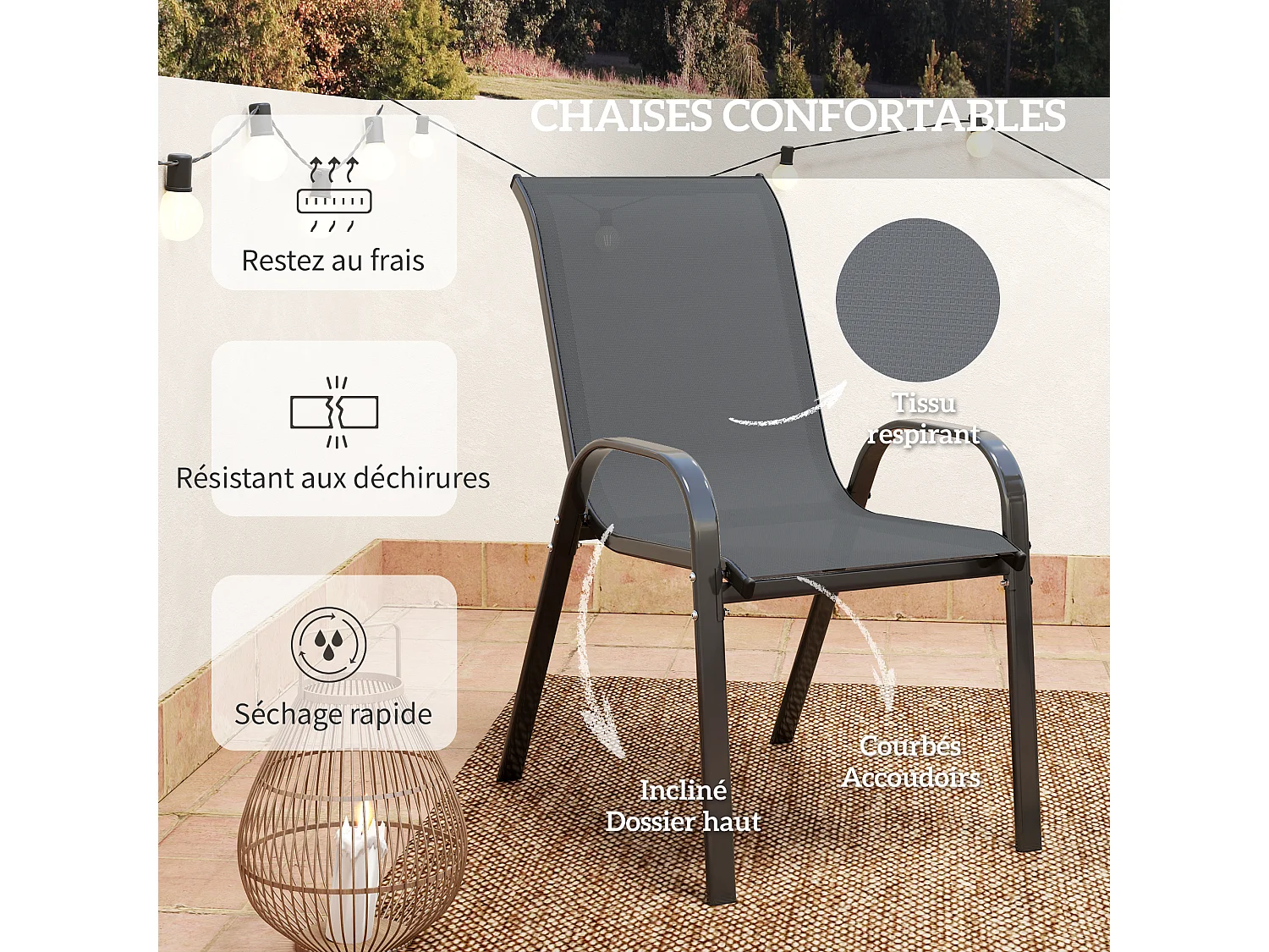Ensemble bistro de jardin 3 pièces - 2 chaises, table ronde plateau verre - acier textilène anthracite