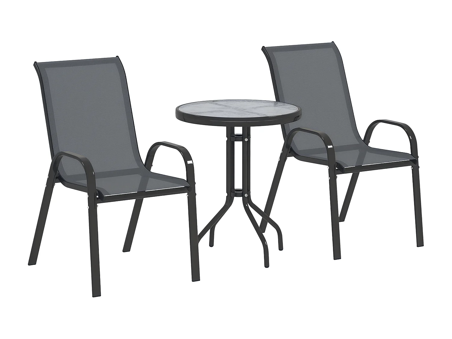 Ensemble bistro de jardin 3 pièces - 2 chaises, table ronde plateau verre - acier textilène anthracite