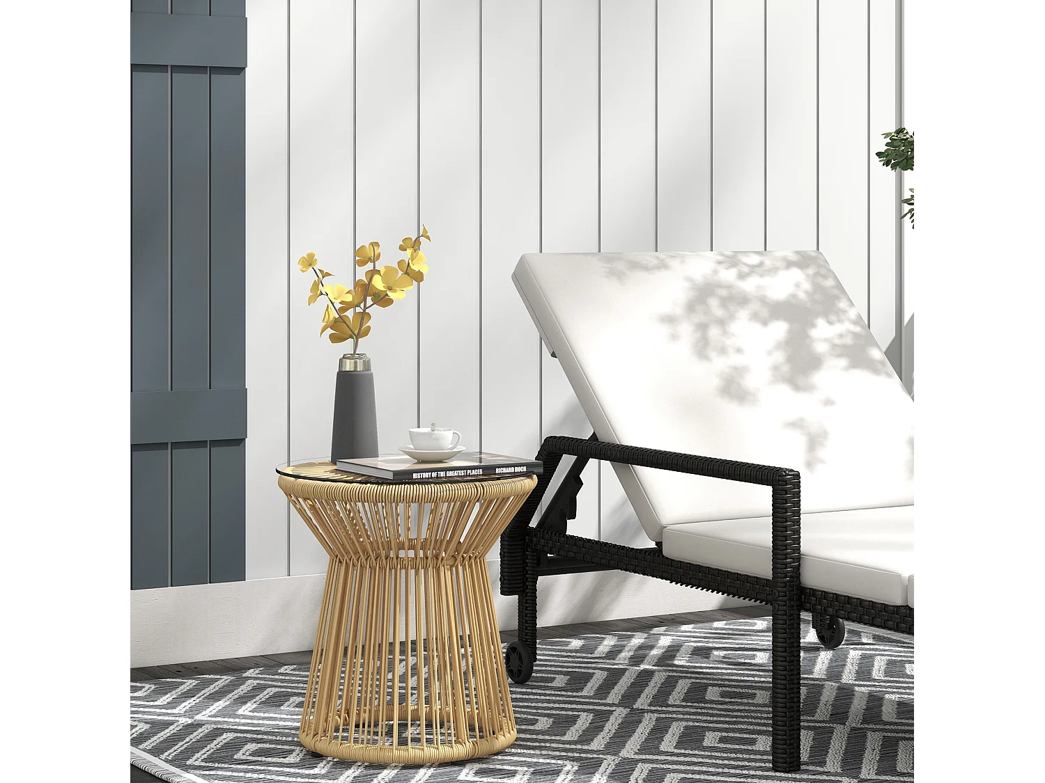 Table basse d'appoint de jardin style cosy Ø 40 cm plateau verre résine filaire beige