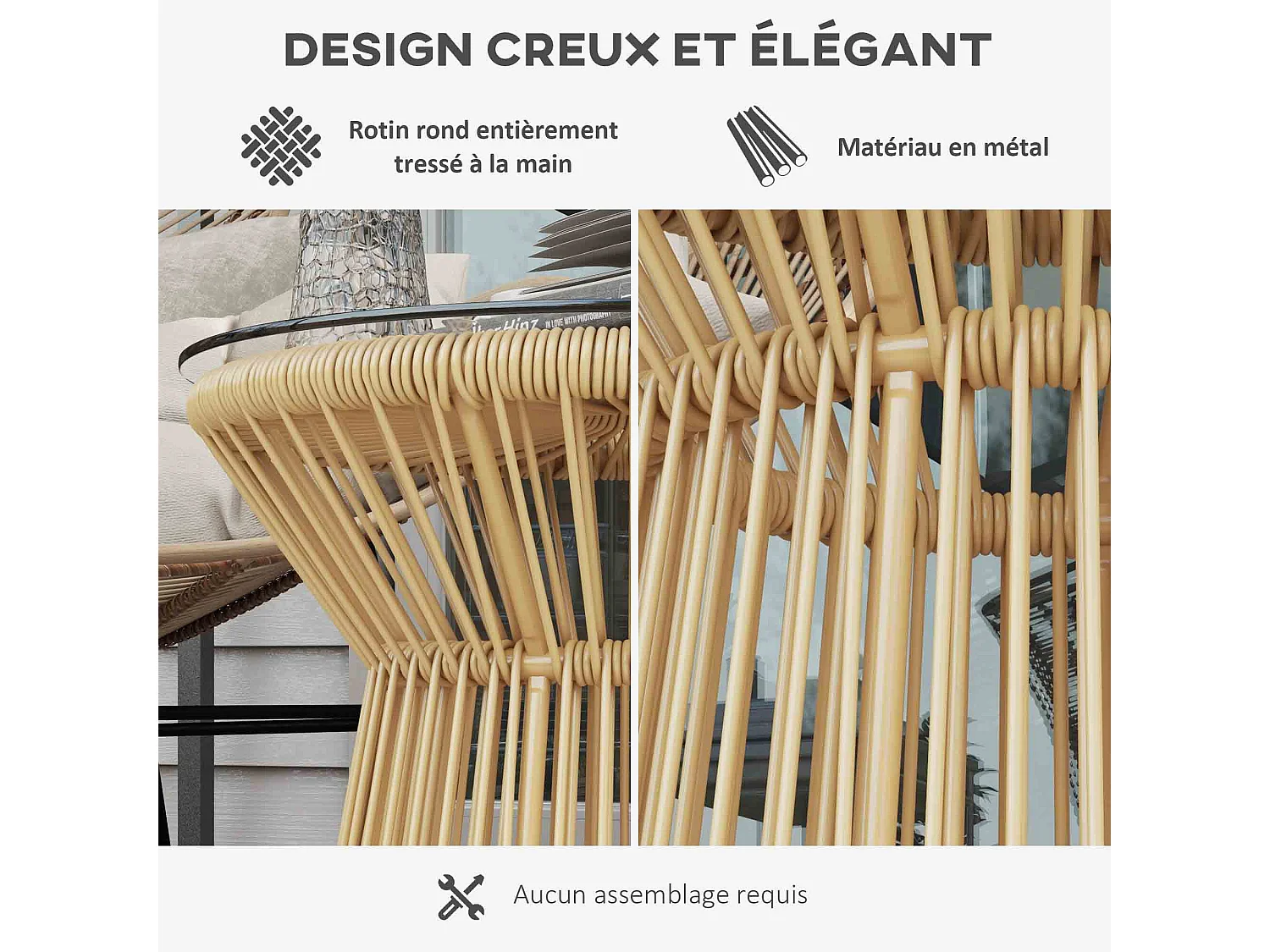 Table basse d'appoint de jardin style cosy Ø 40 cm plateau verre résine filaire beige