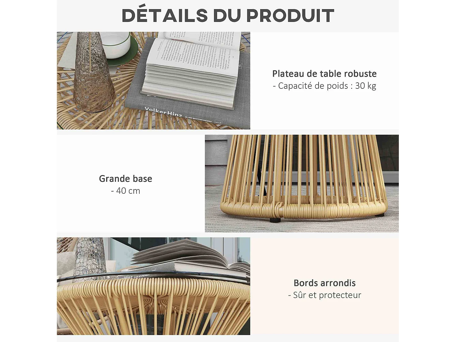 Table basse d'appoint de jardin style cosy Ø 40 cm plateau verre résine filaire beige