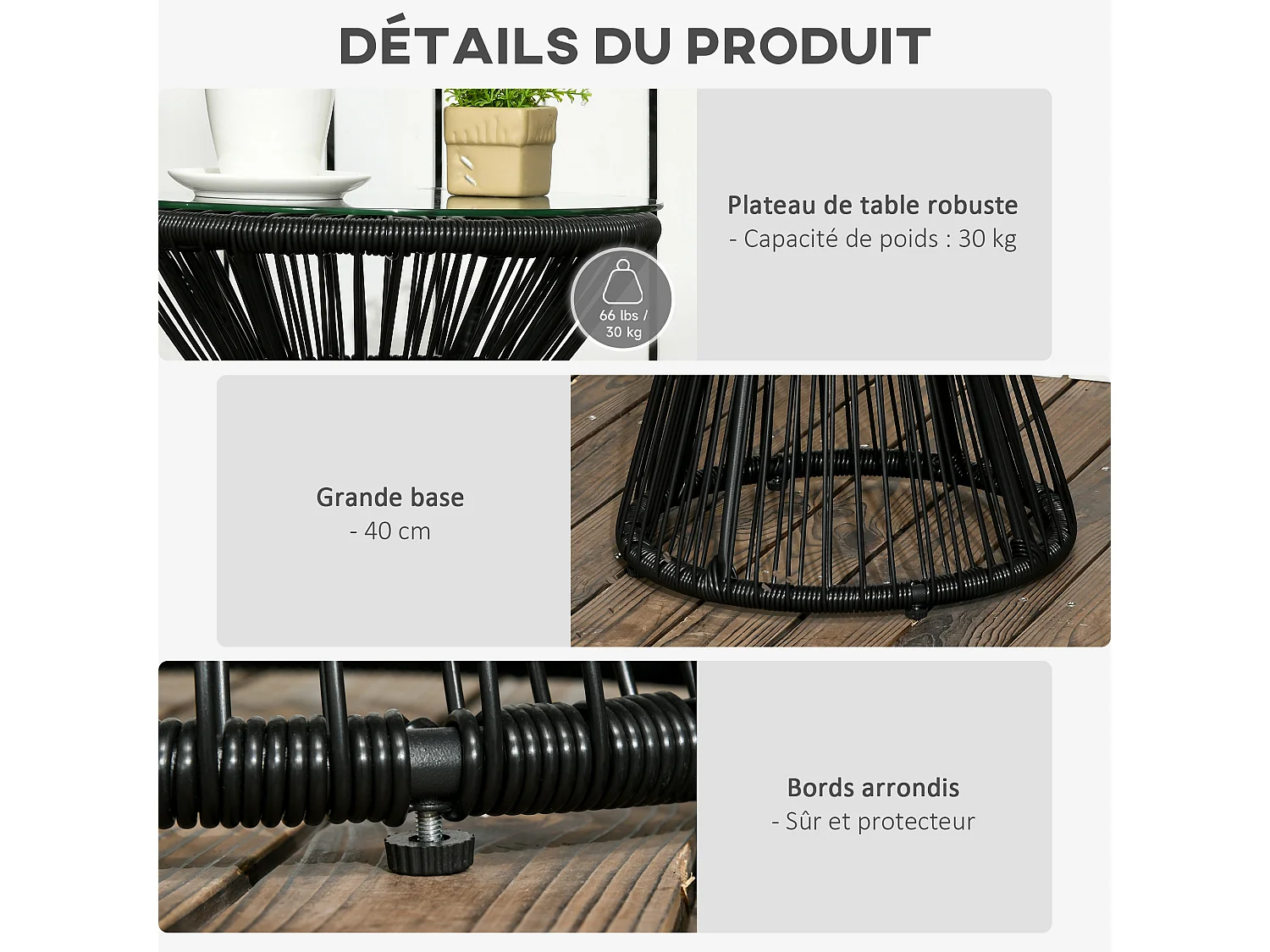 Table basse d'appoint de jardin style cosy Ø 40 cm plateau verre résine filaire noir