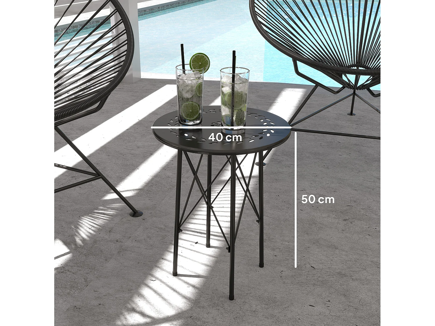 Table d'appoint de jardin - table basse extérieure - dia. 40 x 50H cm - acier époxy noir