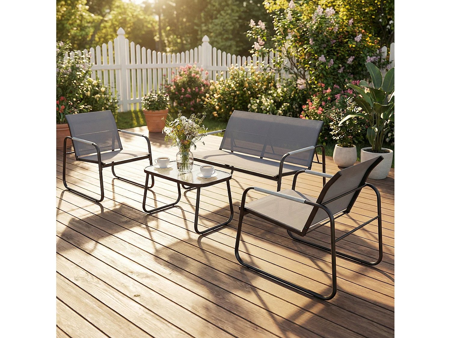 Salon de jardin style yachting 4 personnes 4 pièces plateau verre trempé