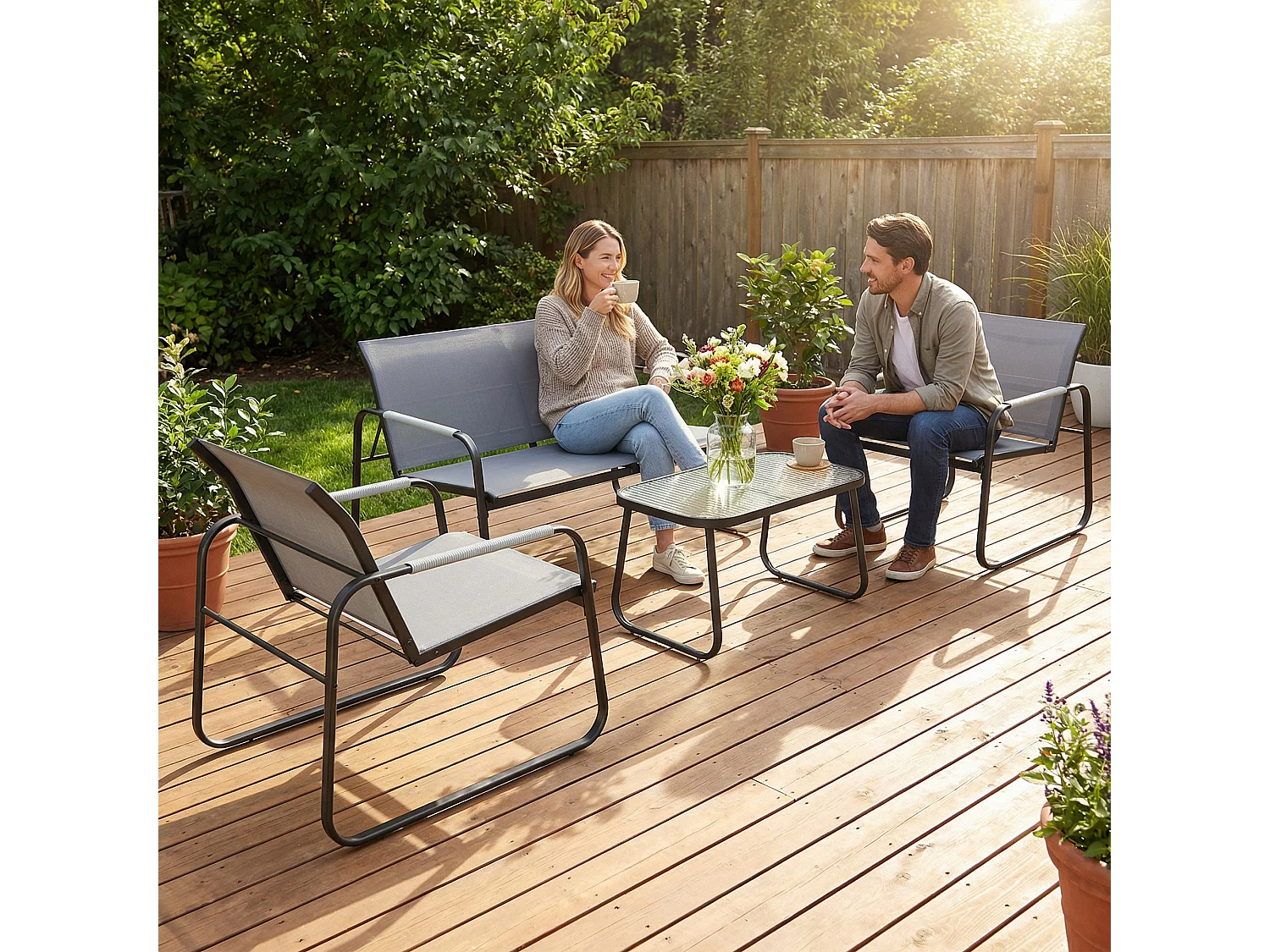 Salon de jardin style yachting 4 personnes 4 pièces plateau verre trempé