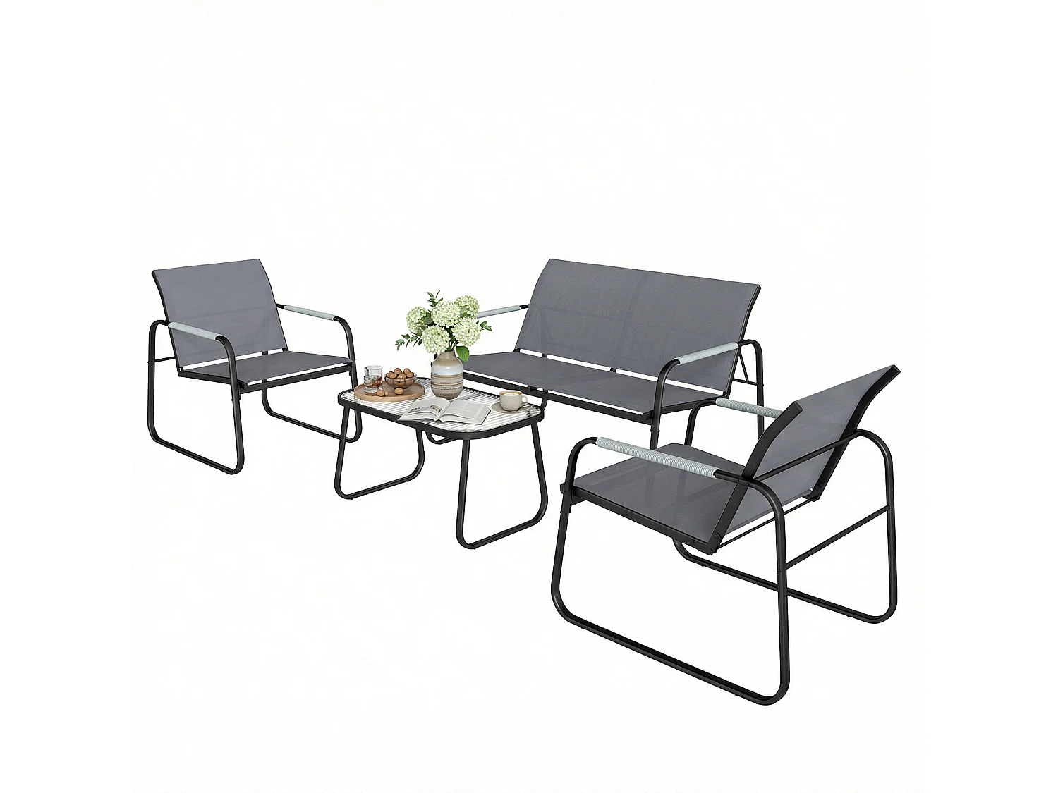 Salon de jardin style yachting 4 personnes 4 pièces plateau verre trempé