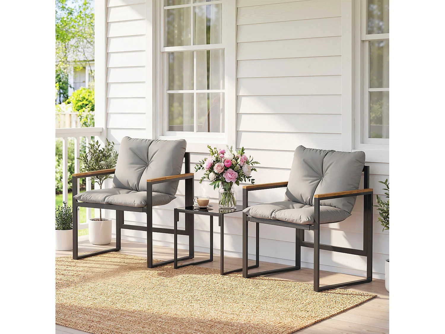Salon de jardin 2 places 2 fauteuils 1 table basse métal gris