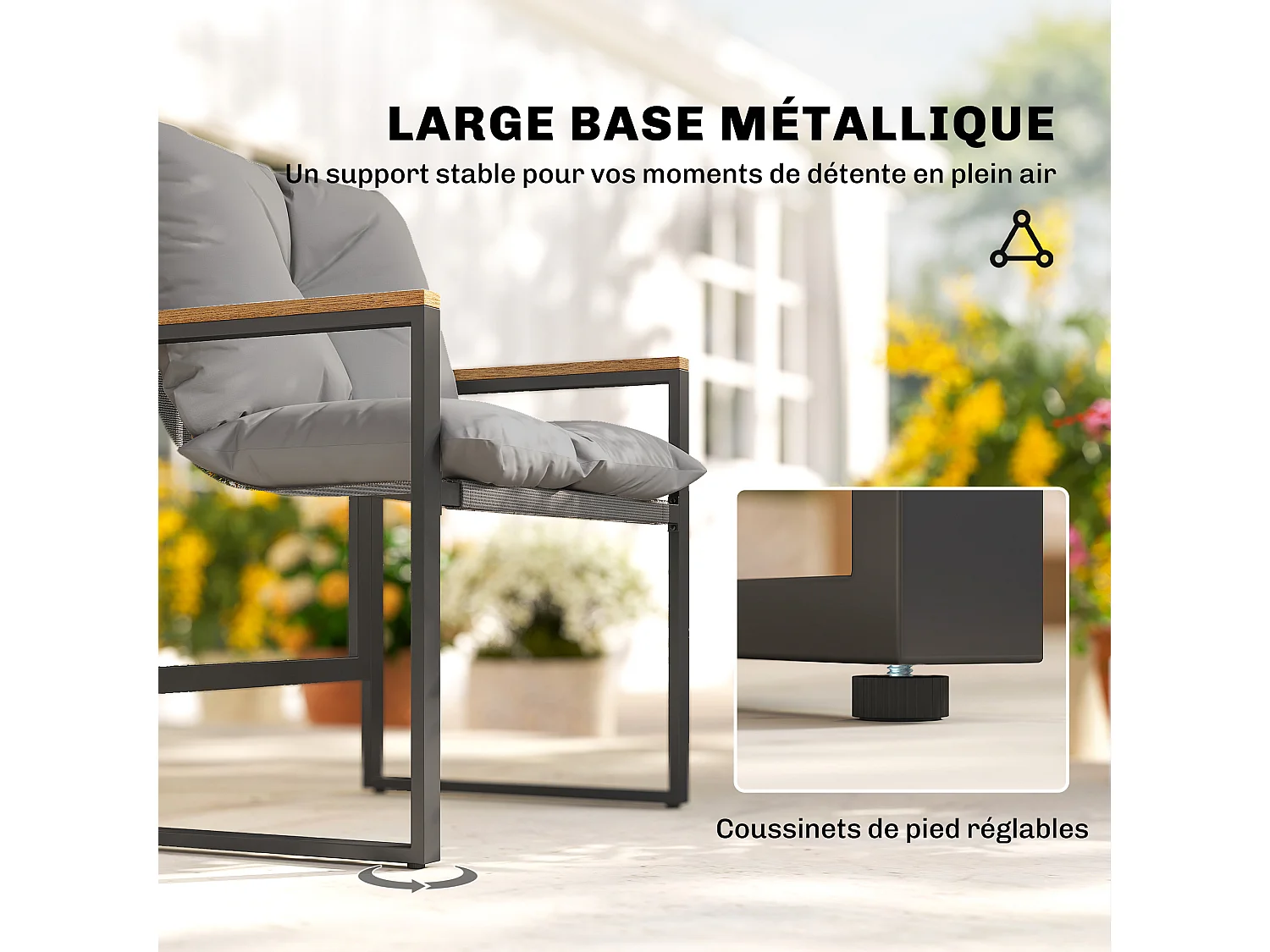 Salon de jardin 2 places 2 fauteuils 1 table basse métal gris
